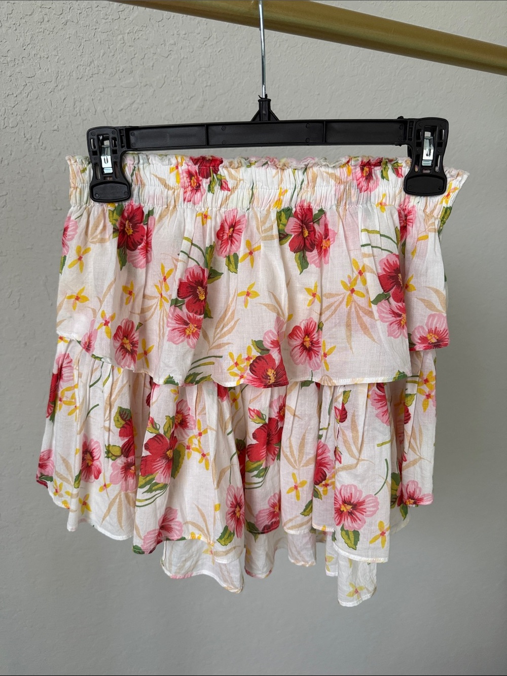 LoveShackFancy White Mini Skirt with Pink & Red Floral Print